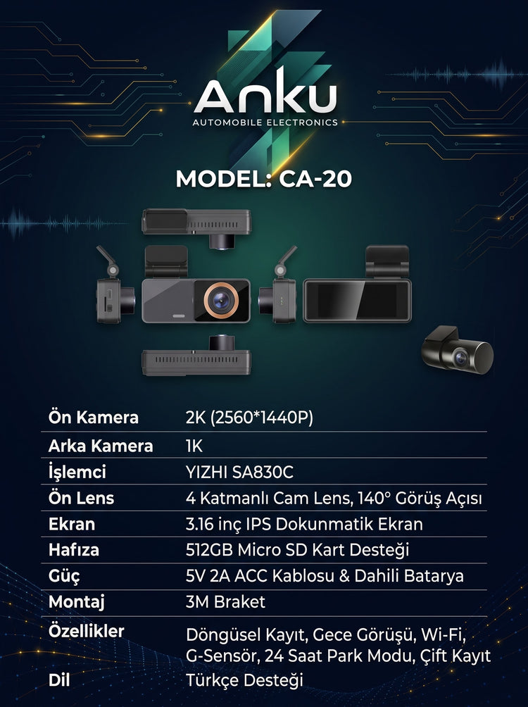 ANKU CA-20 ön ve arka kamera ile teknik özellikler